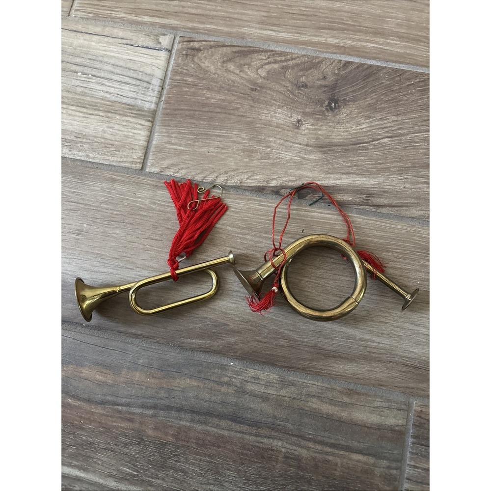 Christmas Holiday Brass Horns Musical Instruments Ornaments Set Of 2